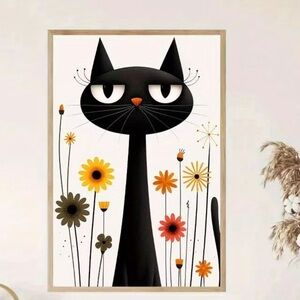 Black Cat Art Print with Colorful Flowers